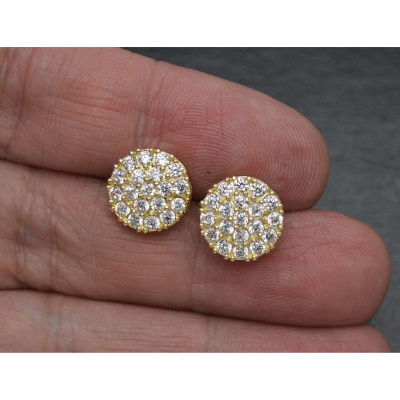 Real 10K Solid Yellow Gold 11.3mm Men CZ Halo Circle Cluster Stud Earrings 2.2gr - Picture 2 of 6